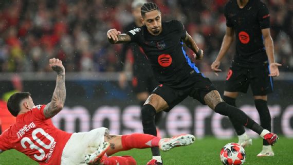 Raphinha marca no fim e Barcelona vira contra o Benfica:5 a 4 na Champions